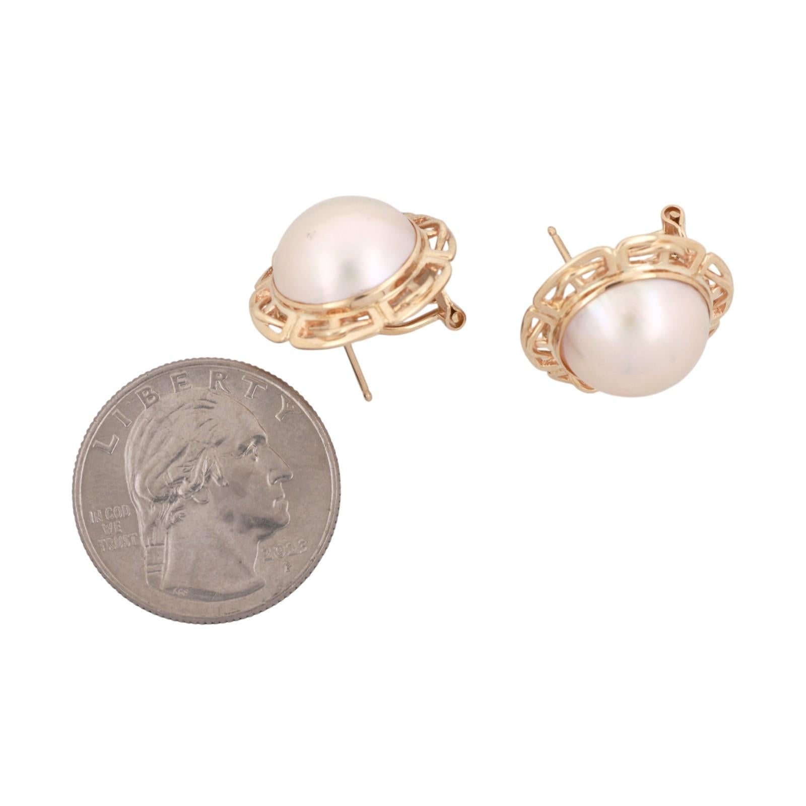 Vintage Mabe Pearl Stud Earrings 14K Yellow Gold Omega Backs 0.47" Ladies Estate