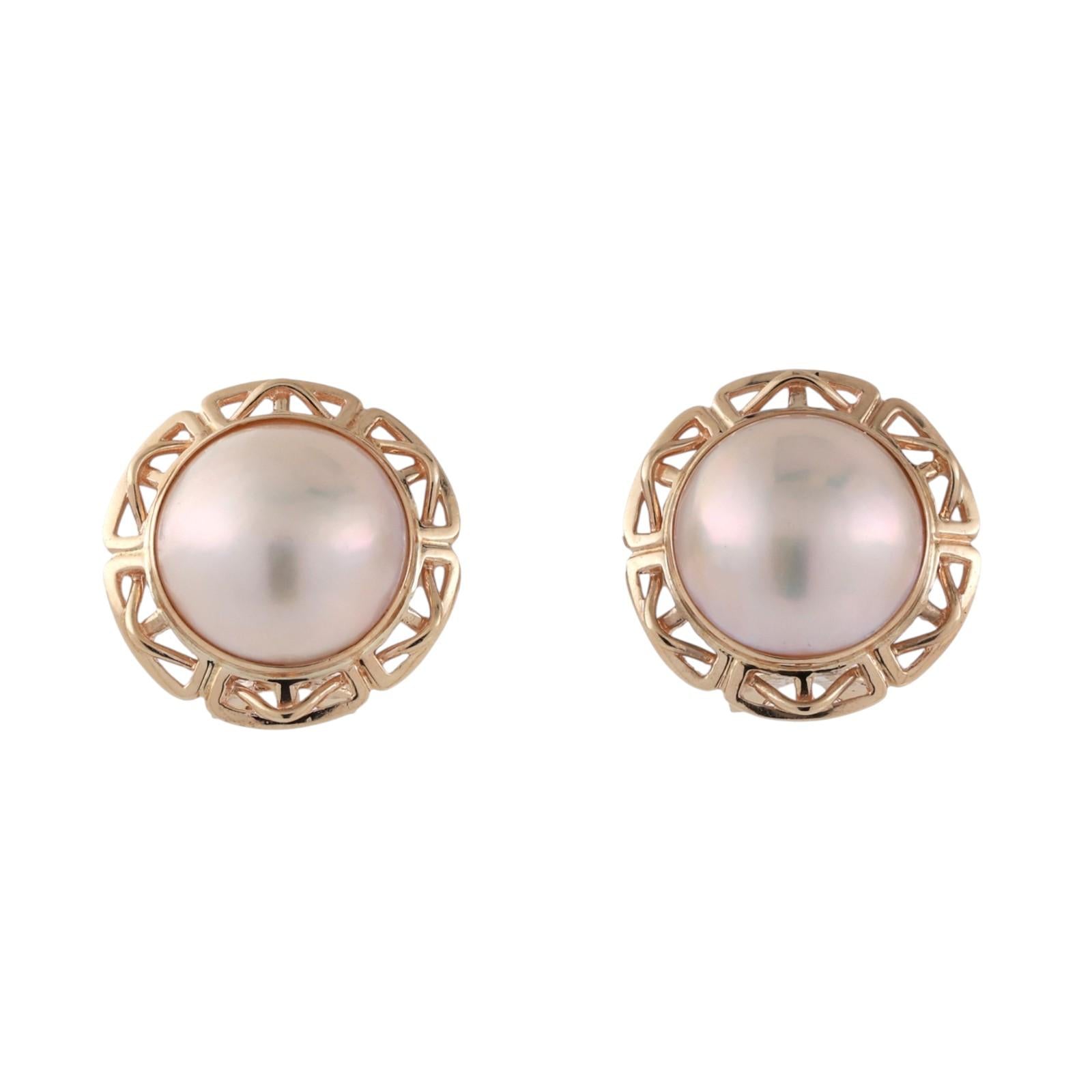 Vintage Mabe Pearl Stud Earrings 14K Yellow Gold Omega Backs 0.47" Ladies Estate