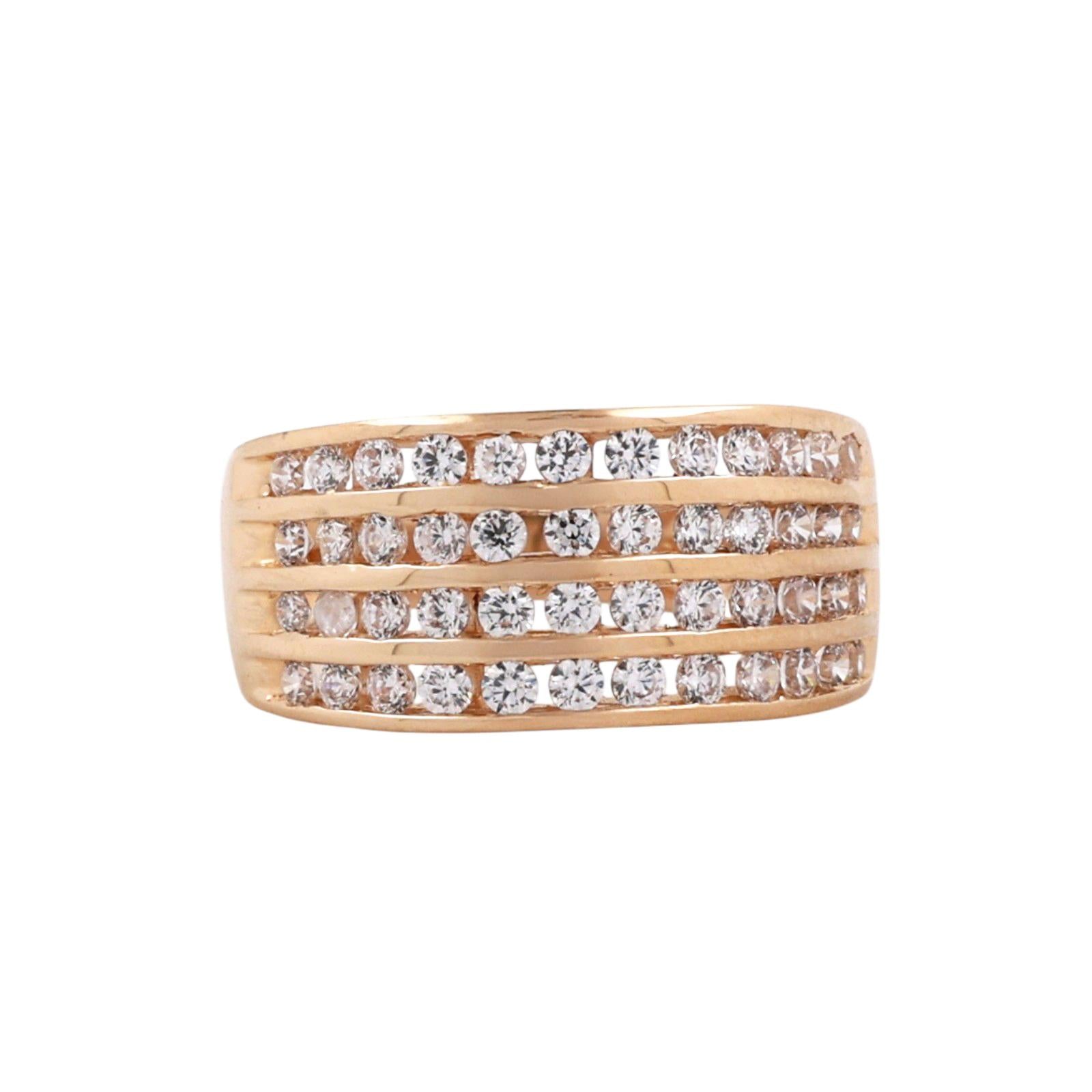 14K Yellow Gold 4 Row CZ Diamond Look Wide Band Ring Channel Set Size 6
