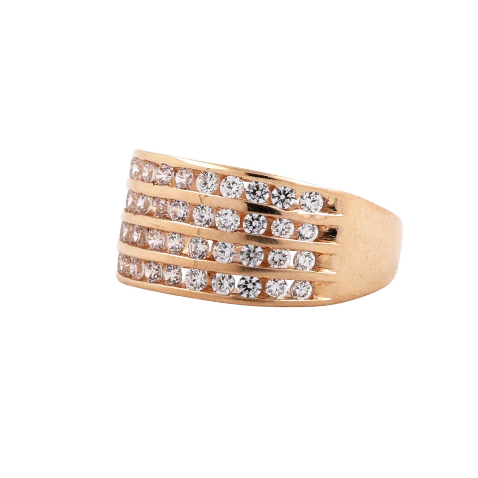 14K Yellow Gold 4 Row CZ Diamond Look Wide Band Ring Channel Set Size 6