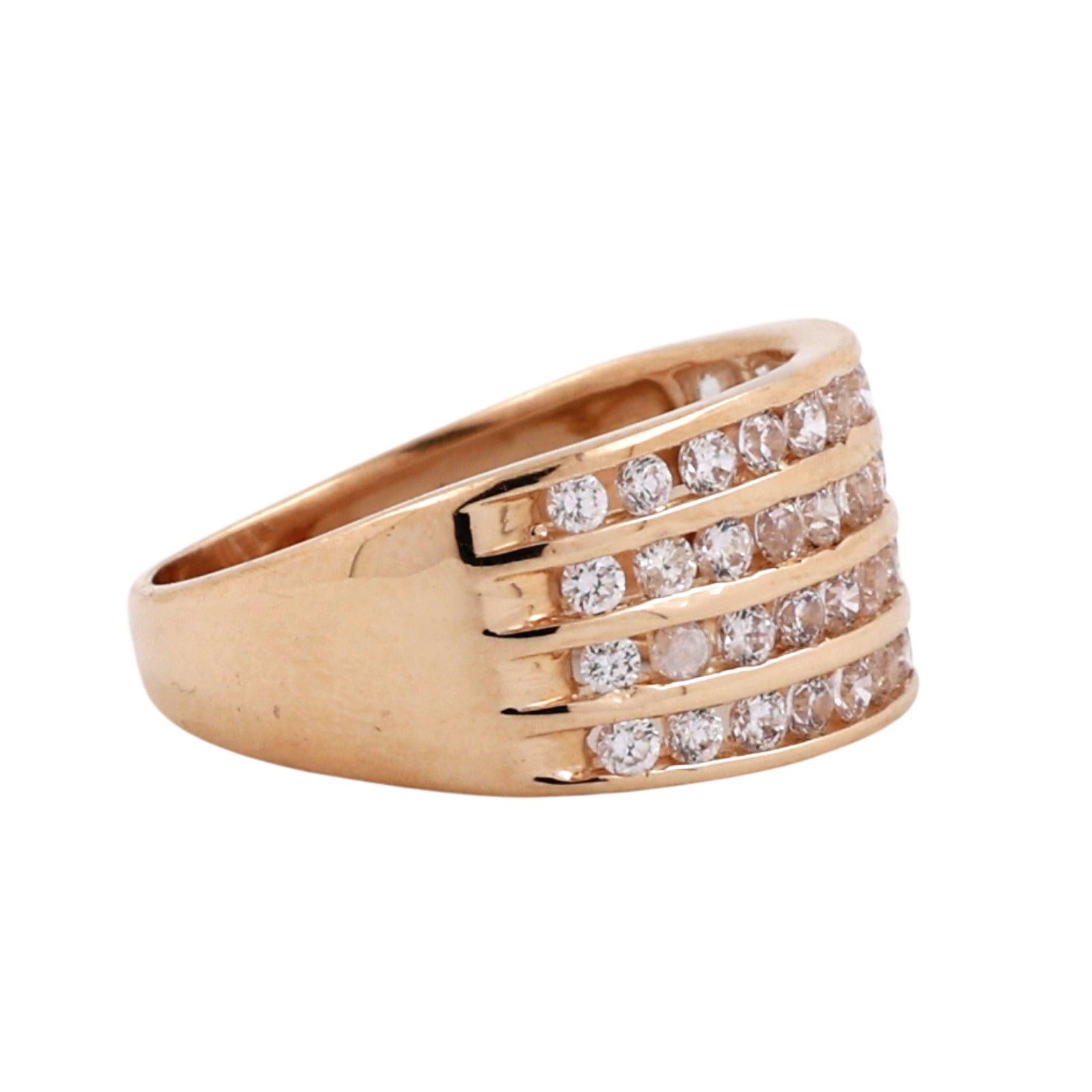 14K Yellow Gold 4 Row CZ Diamond Look Wide Band Ring Channel Set Size 6