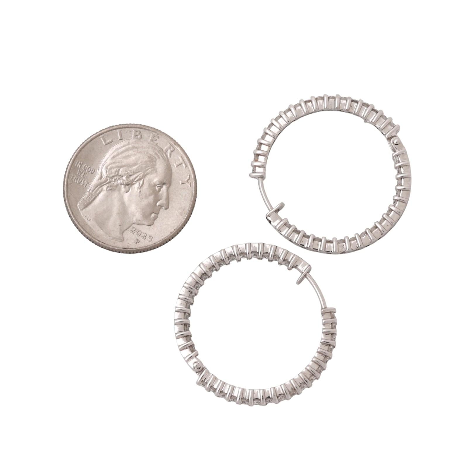 2.00ctw Diamond Round Hoop Earrings 14K White Gold Inside Out 1.05" Estate
