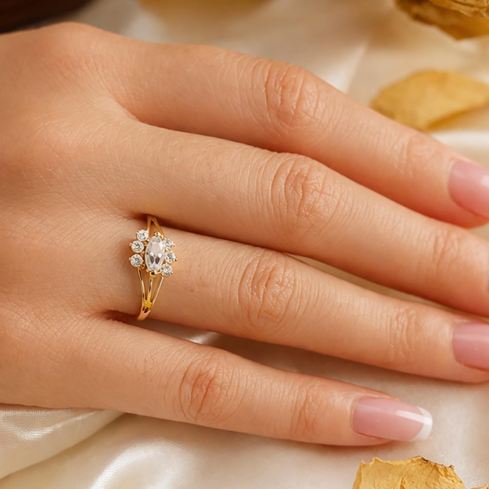 18K Yellow Gold CZ Floral Marquise Cocktail Ring Cluster Size 5.5 Estate