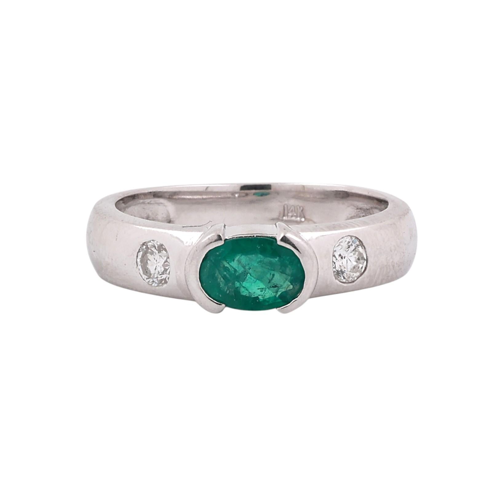 14K White Gold 0.60CT Emerald Gemstone and 0.25CTW Diamond Ring Size 8 Estate