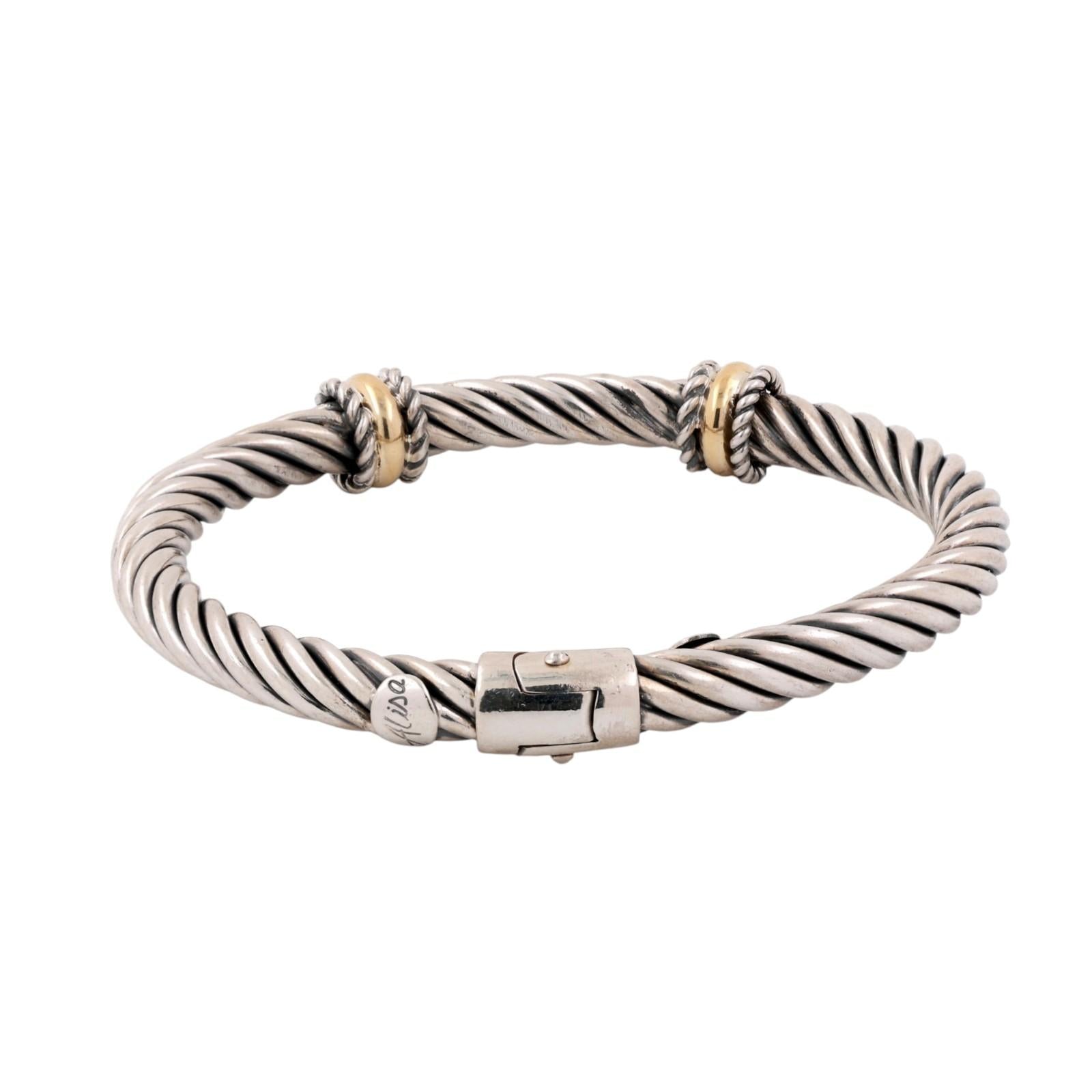 Alisa Double Yellow Gold Rondelle Station Sterling Twisted Cable Bangle Size 6.5