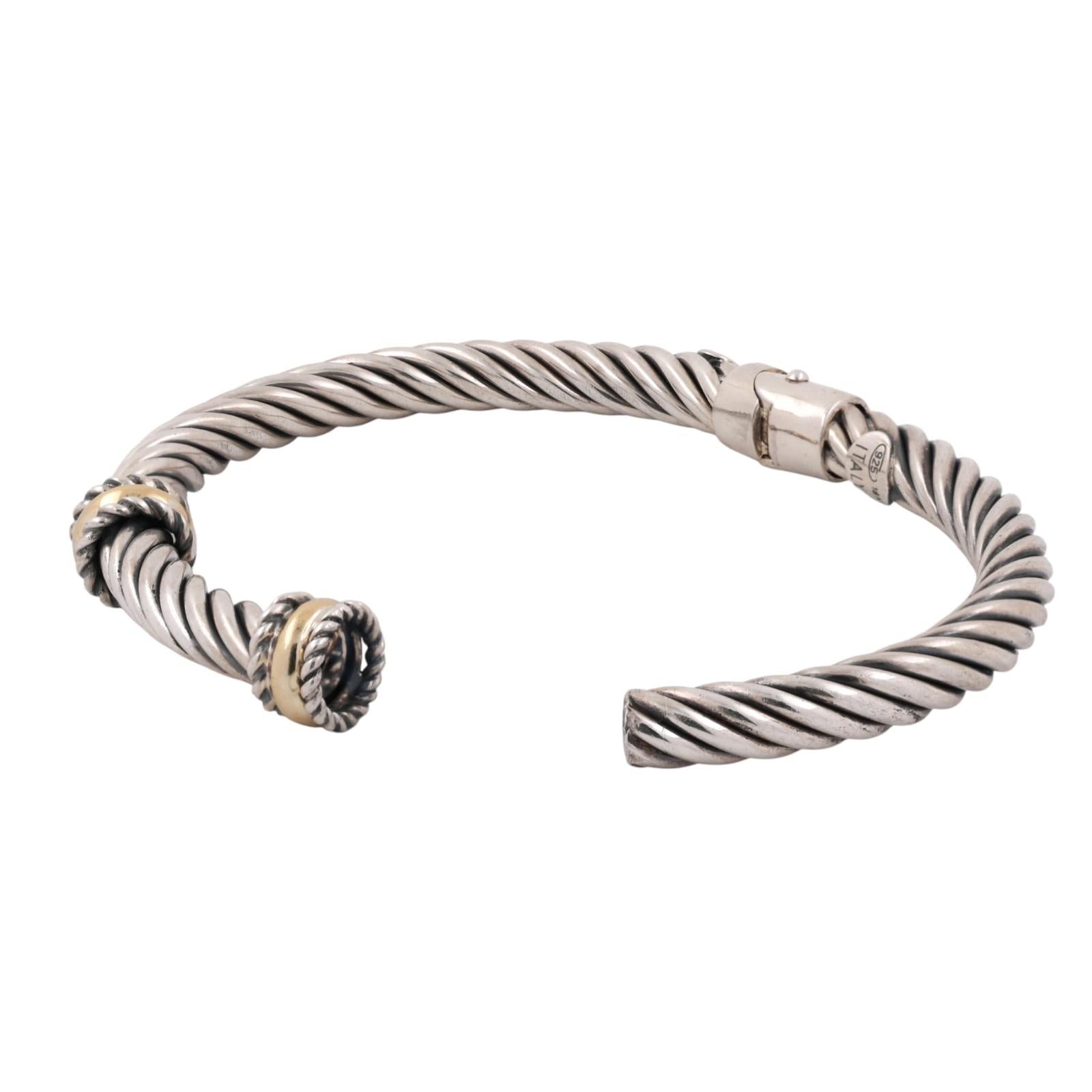 Alisa Double Yellow Gold Rondelle Station Sterling Twisted Cable Bangle Size 6.5