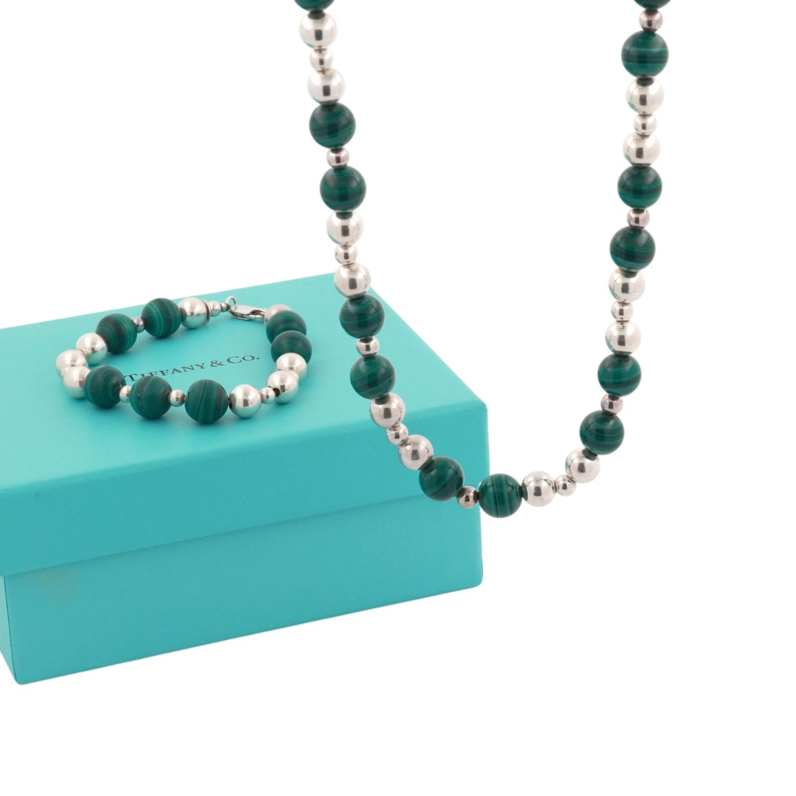 Tiffany & Co. Sterling Silver Malachite Bead Necklace Bracelet Set 30" 109.9g