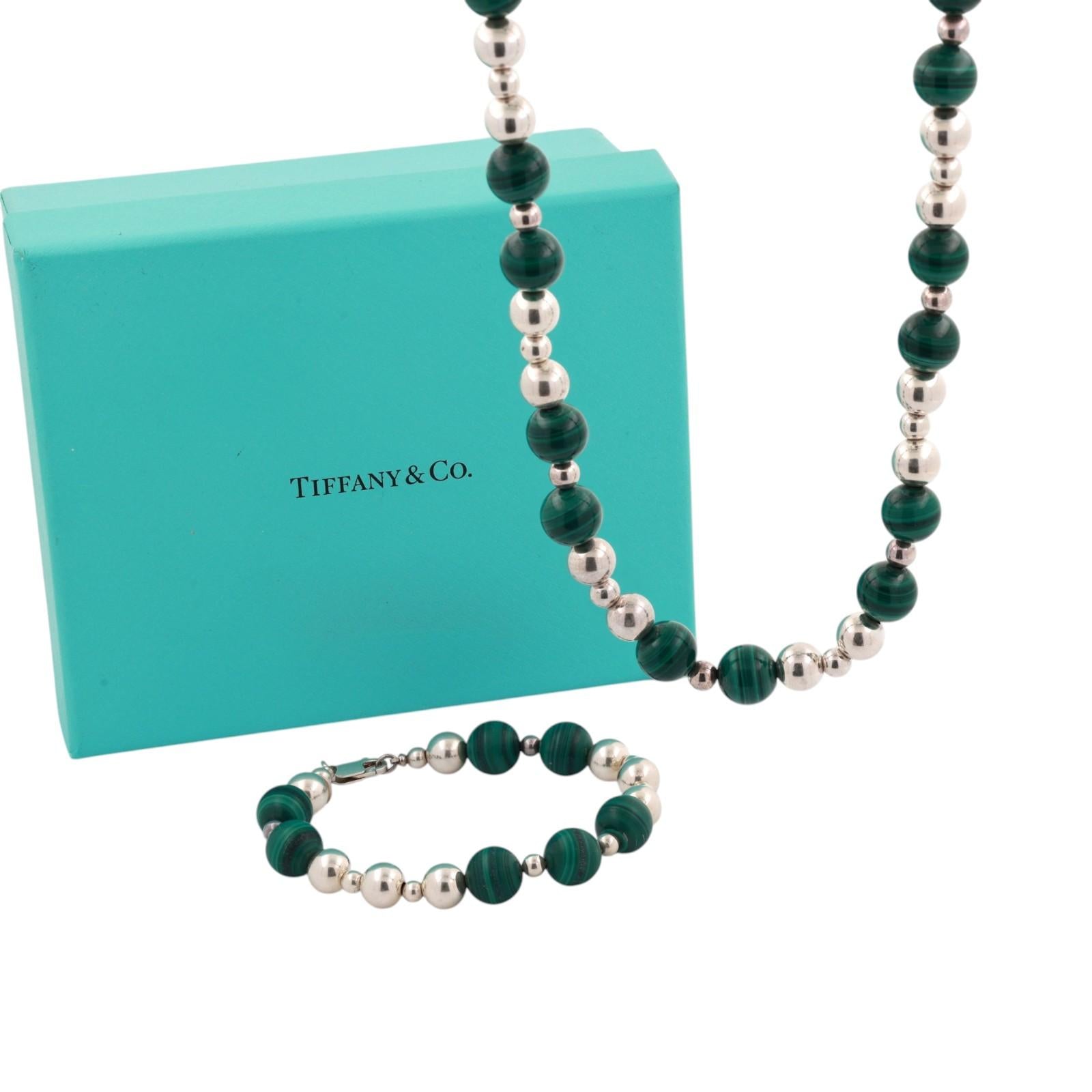Tiffany & Co. Sterling Silver Malachite Bead Necklace Bracelet Set 30" 109.9g