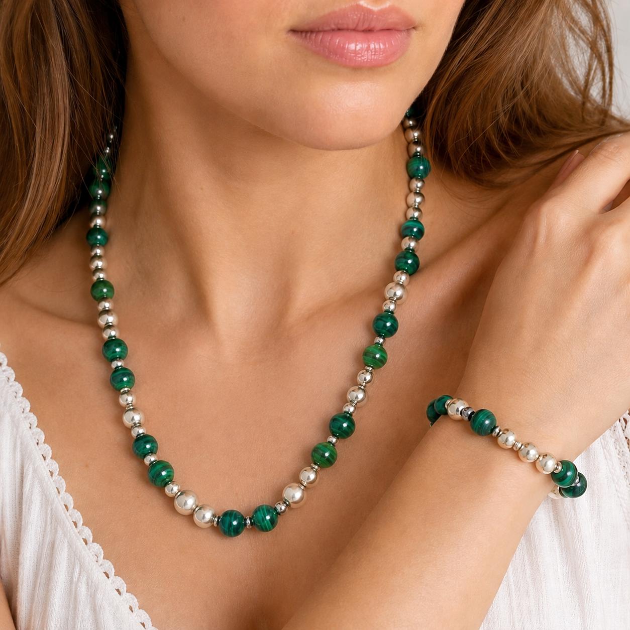 Tiffany & Co. Sterling Silver Malachite Bead Necklace Bracelet Set 30" 109.9g