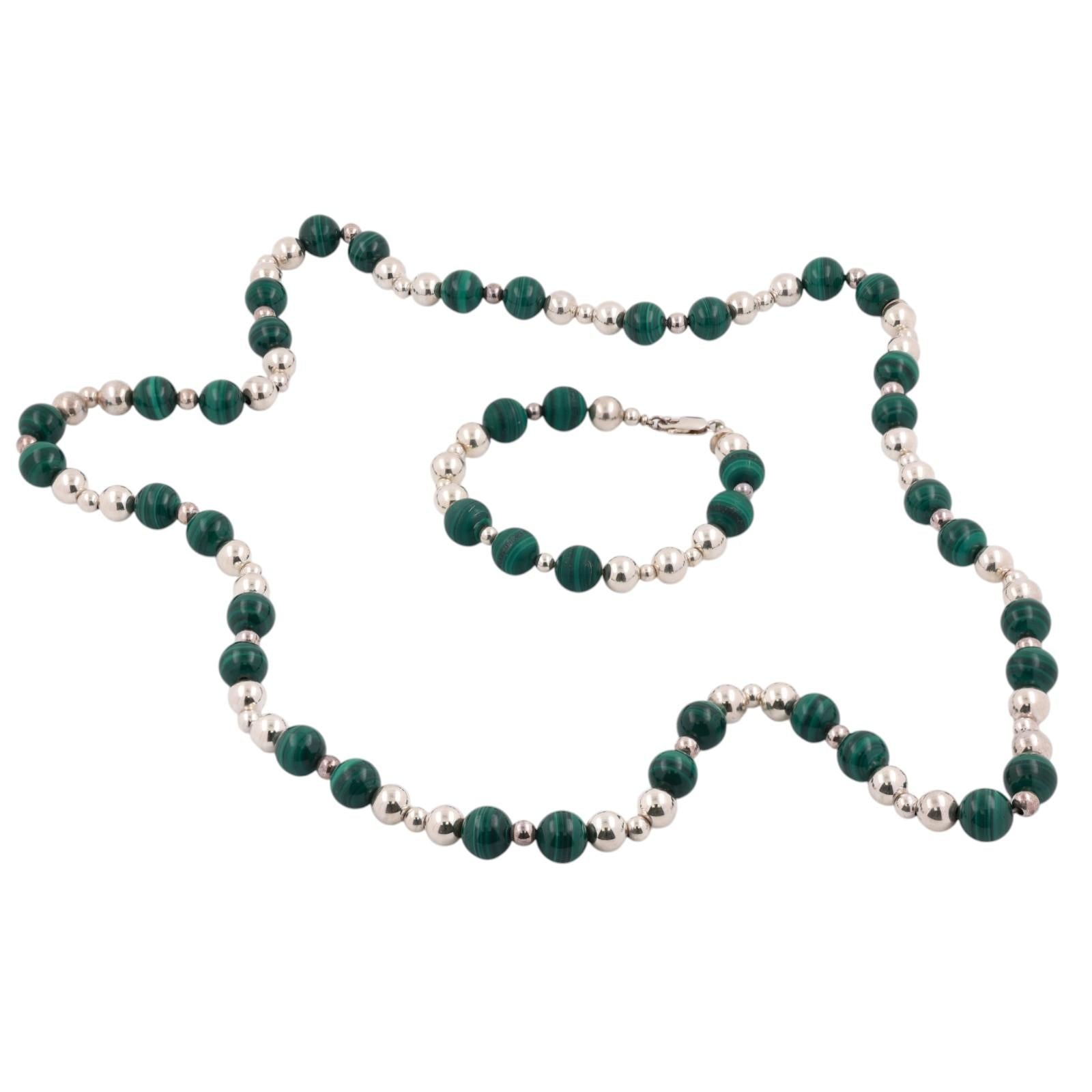 Tiffany & Co. Sterling Silver Malachite Bead Necklace Bracelet Set 30" 109.9g
