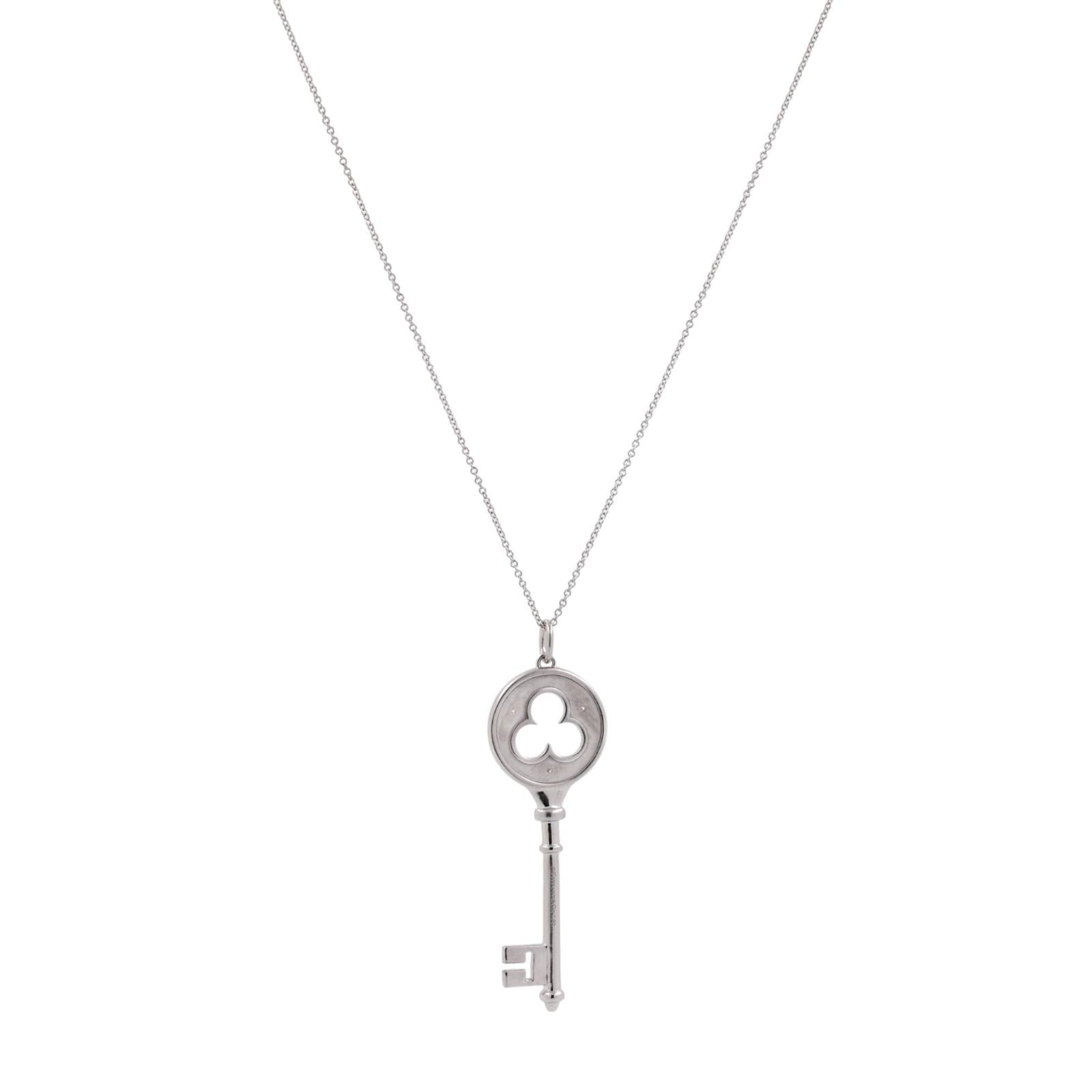 Tiffany & Co 18K White Gold Diamond Clover Key Pendant Necklace 16"