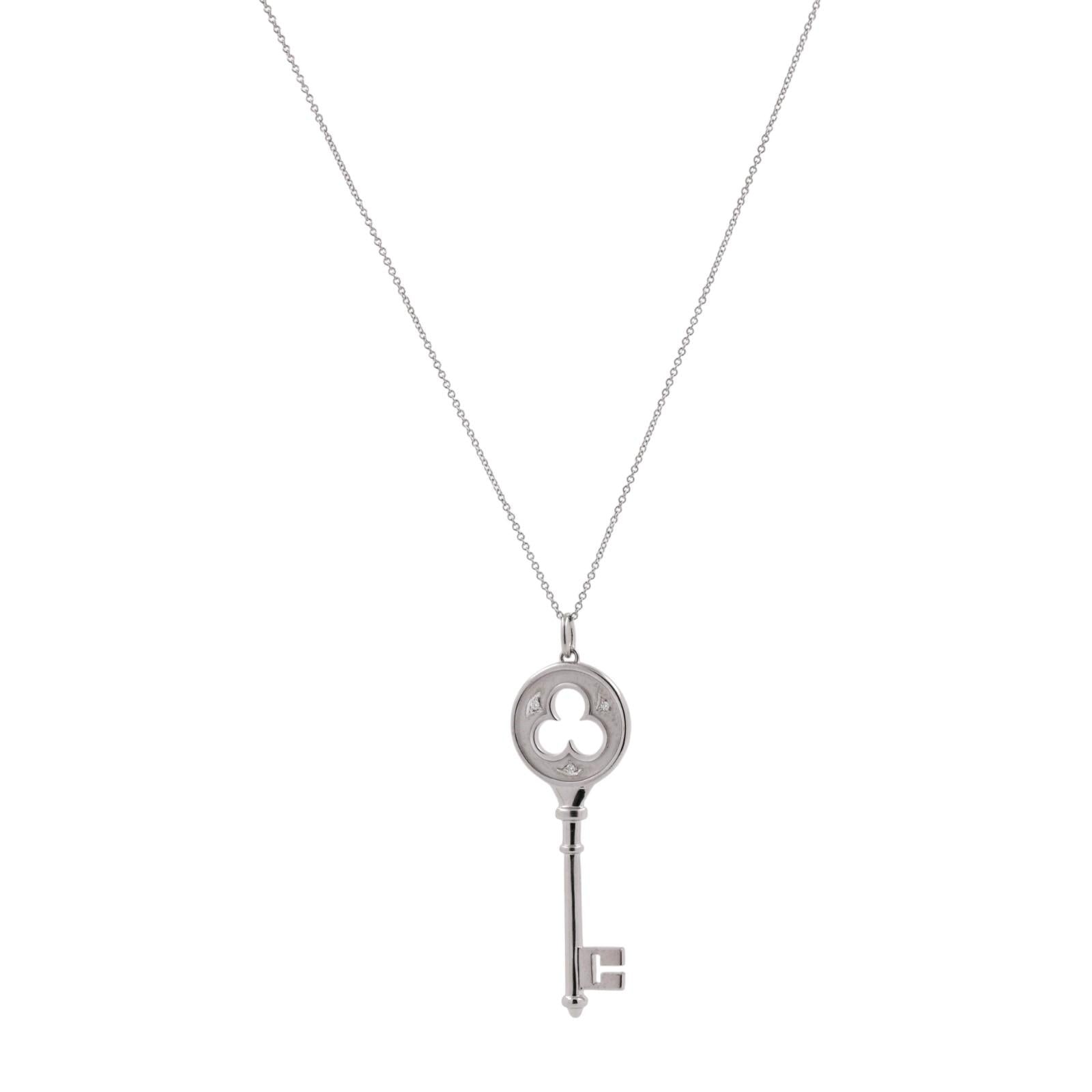 Tiffany & Co 18K White Gold Diamond Clover Key Pendant Necklace 16"