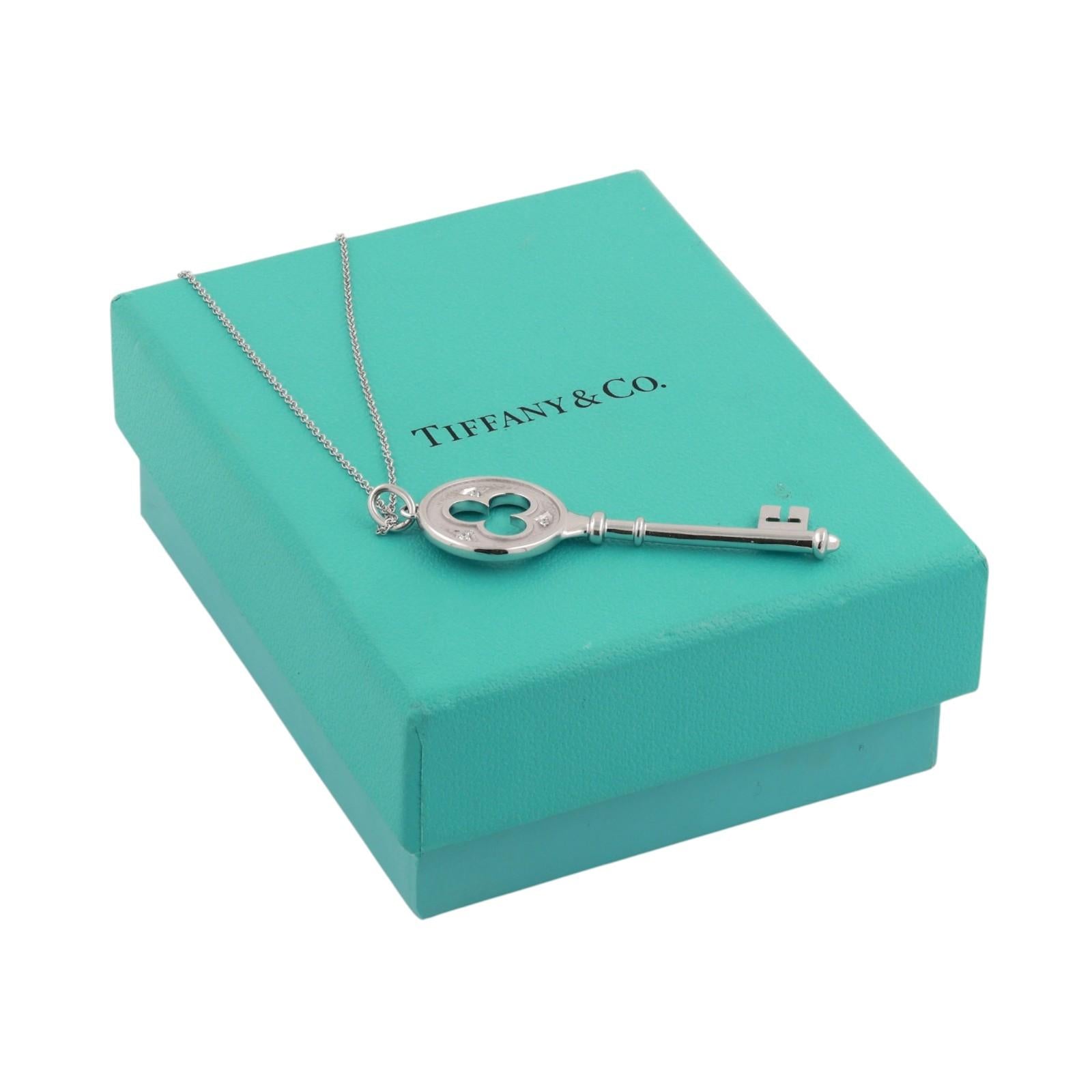 Tiffany & Co 18K White Gold Diamond Clover Key Pendant Necklace 16"