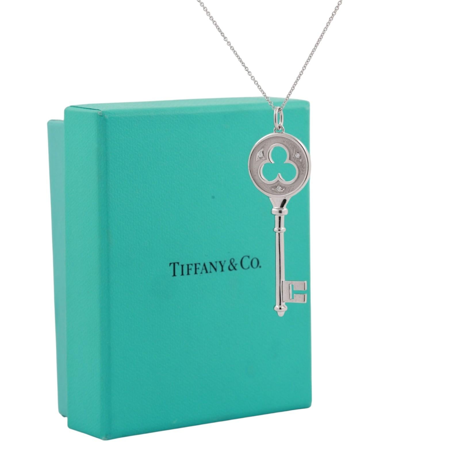 Tiffany & Co 18K White Gold Diamond Clover Key Pendant Necklace 16"