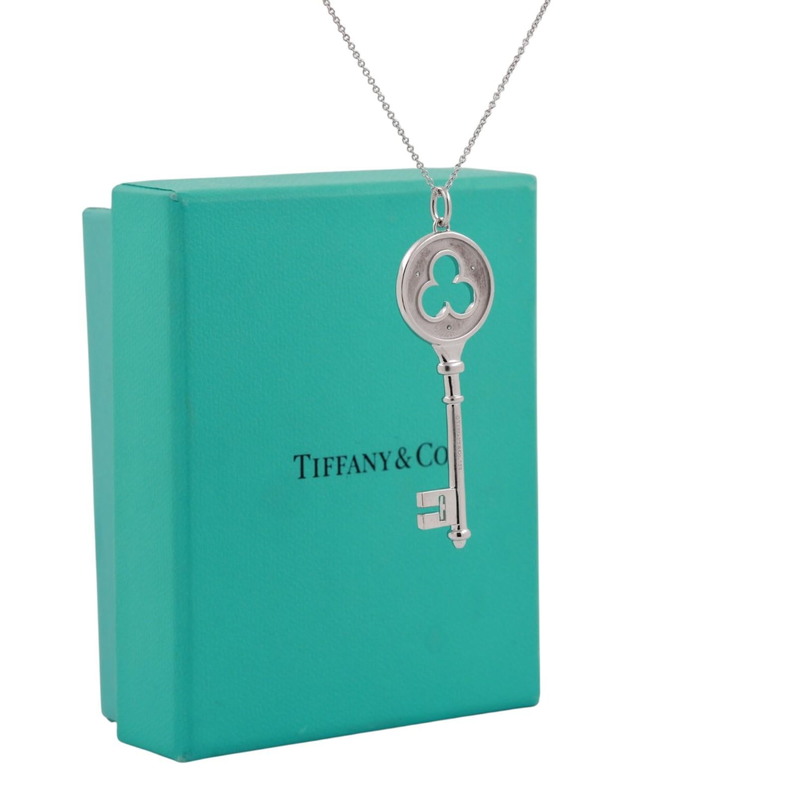 Tiffany & Co 18K White Gold Diamond Clover Key Pendant Necklace 16"