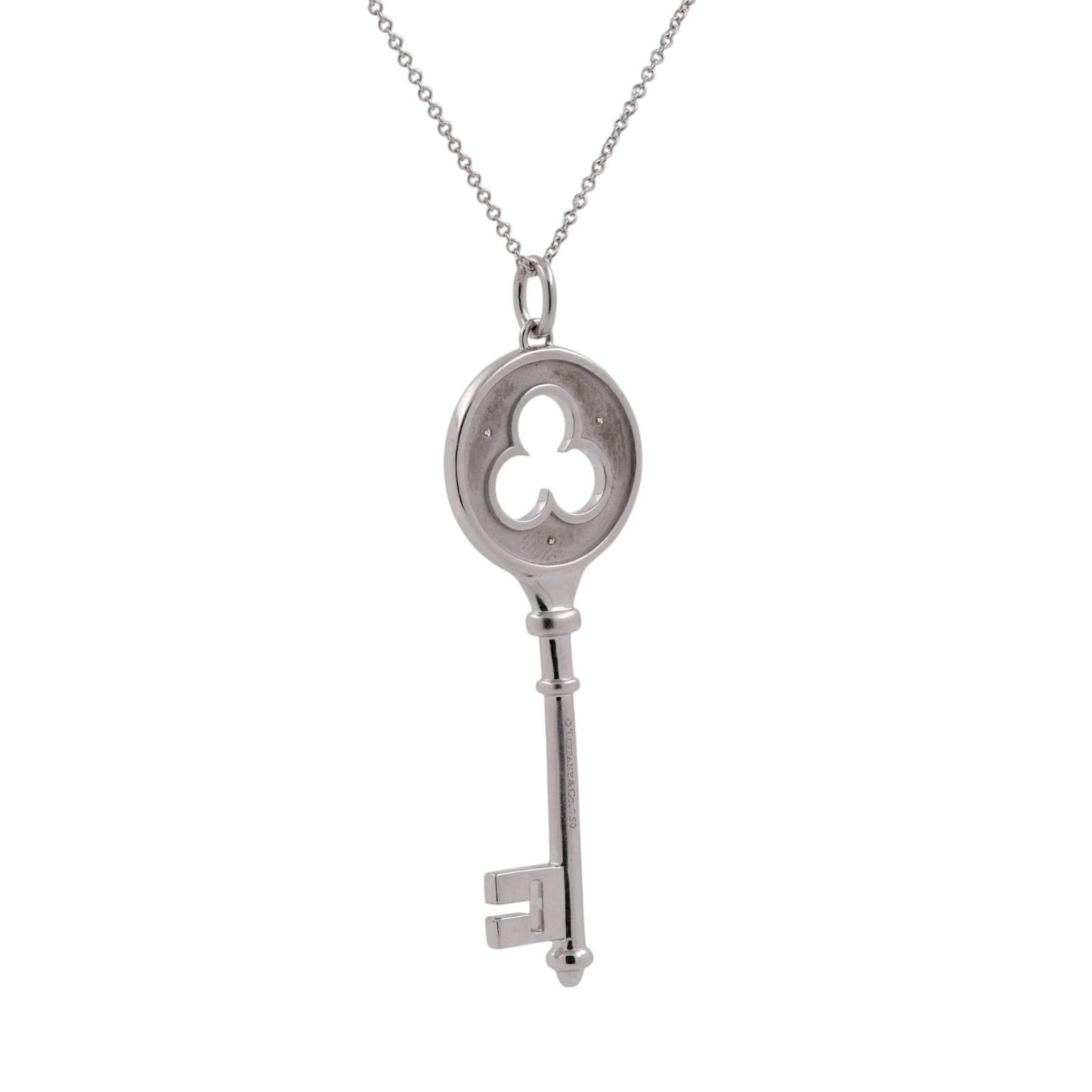 Tiffany & Co 18K White Gold Diamond Clover Key Pendant Necklace 16"