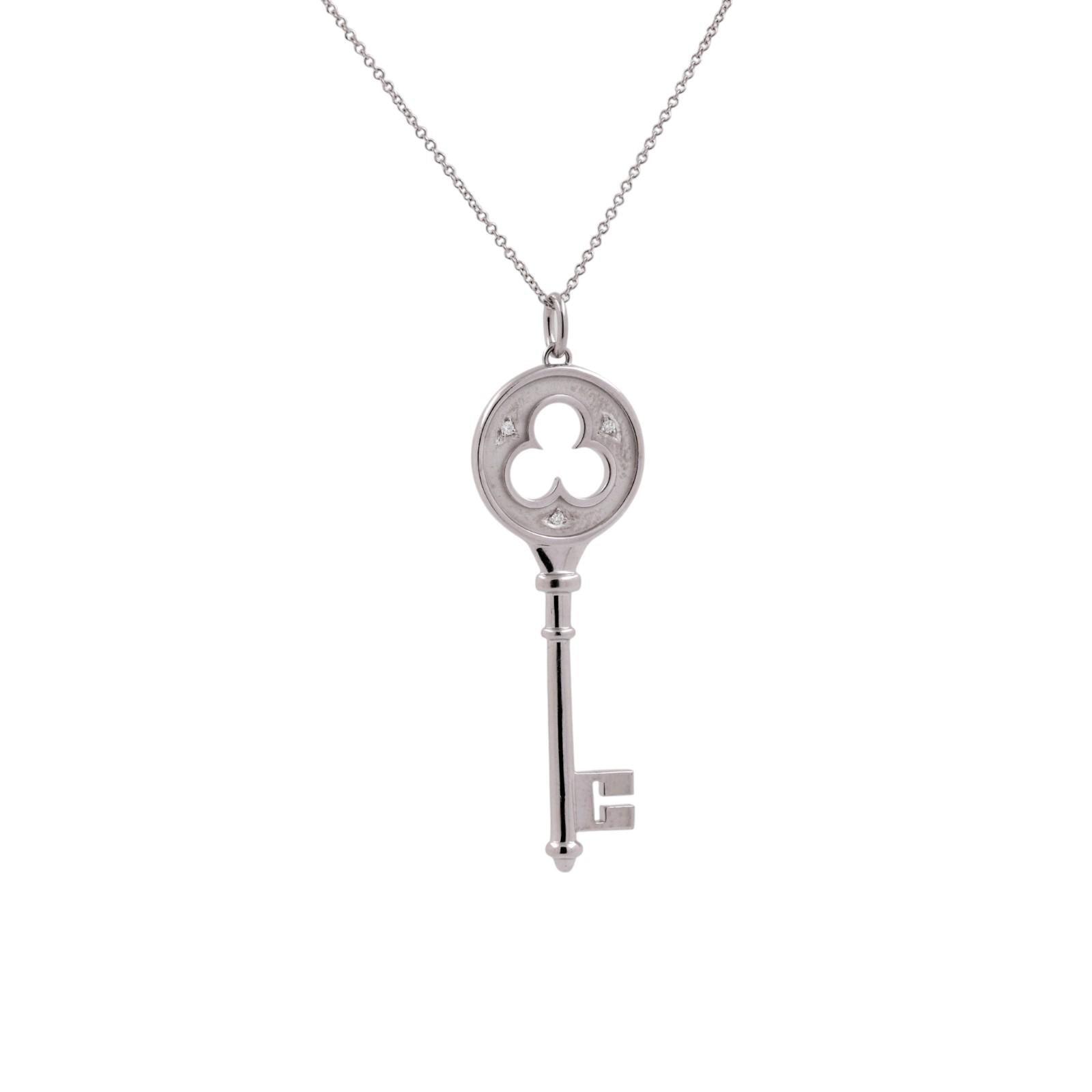 Tiffany & Co 18K White Gold Diamond Clover Key Pendant Necklace 16"