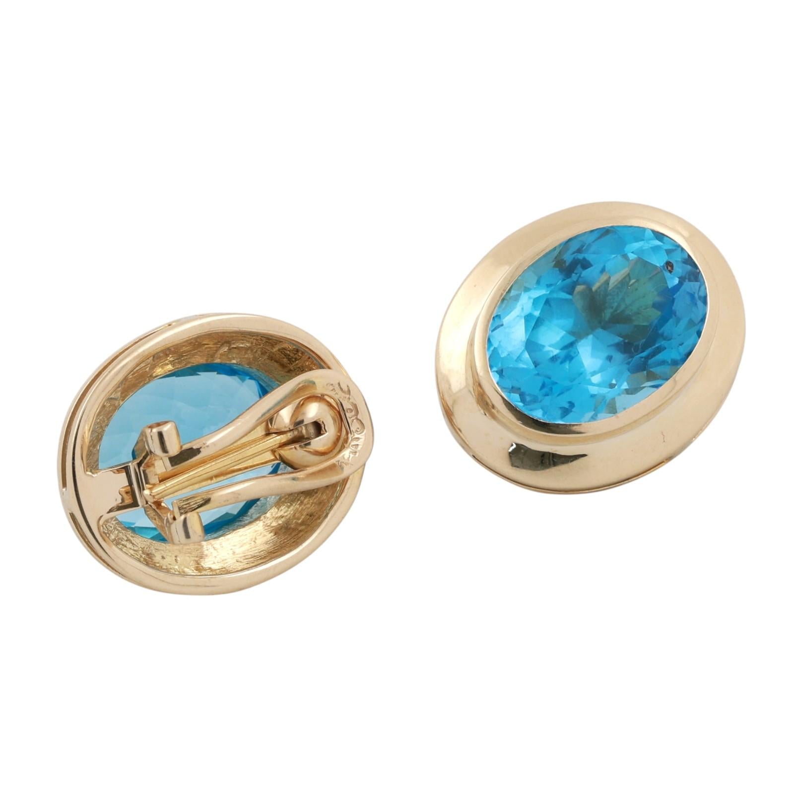 Yellow Gold 22ctw Oval Blue Topaz Bezel Set Lever Back Earrings