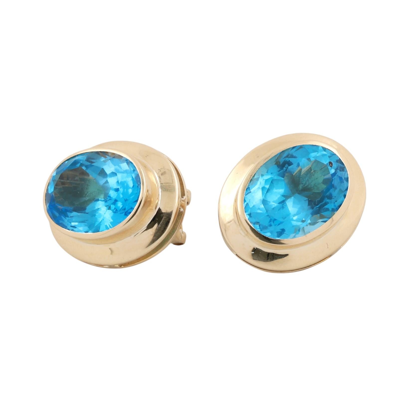 Yellow Gold 22ctw Oval Blue Topaz Bezel Set Lever Back Earrings