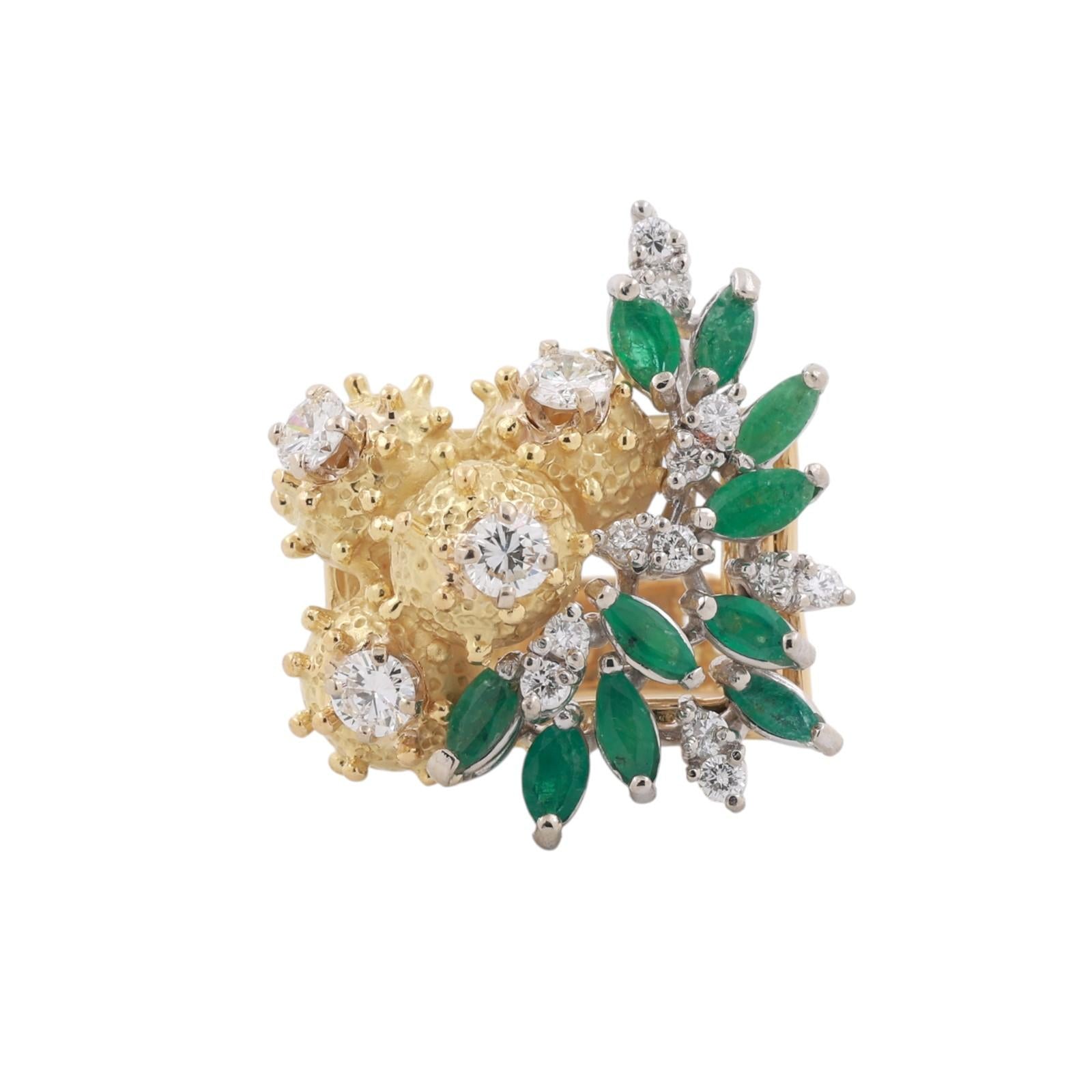 Vintage Two-Tone Gold Natural Emerald Diamond Sculptural Floral Ring 2.30CTW