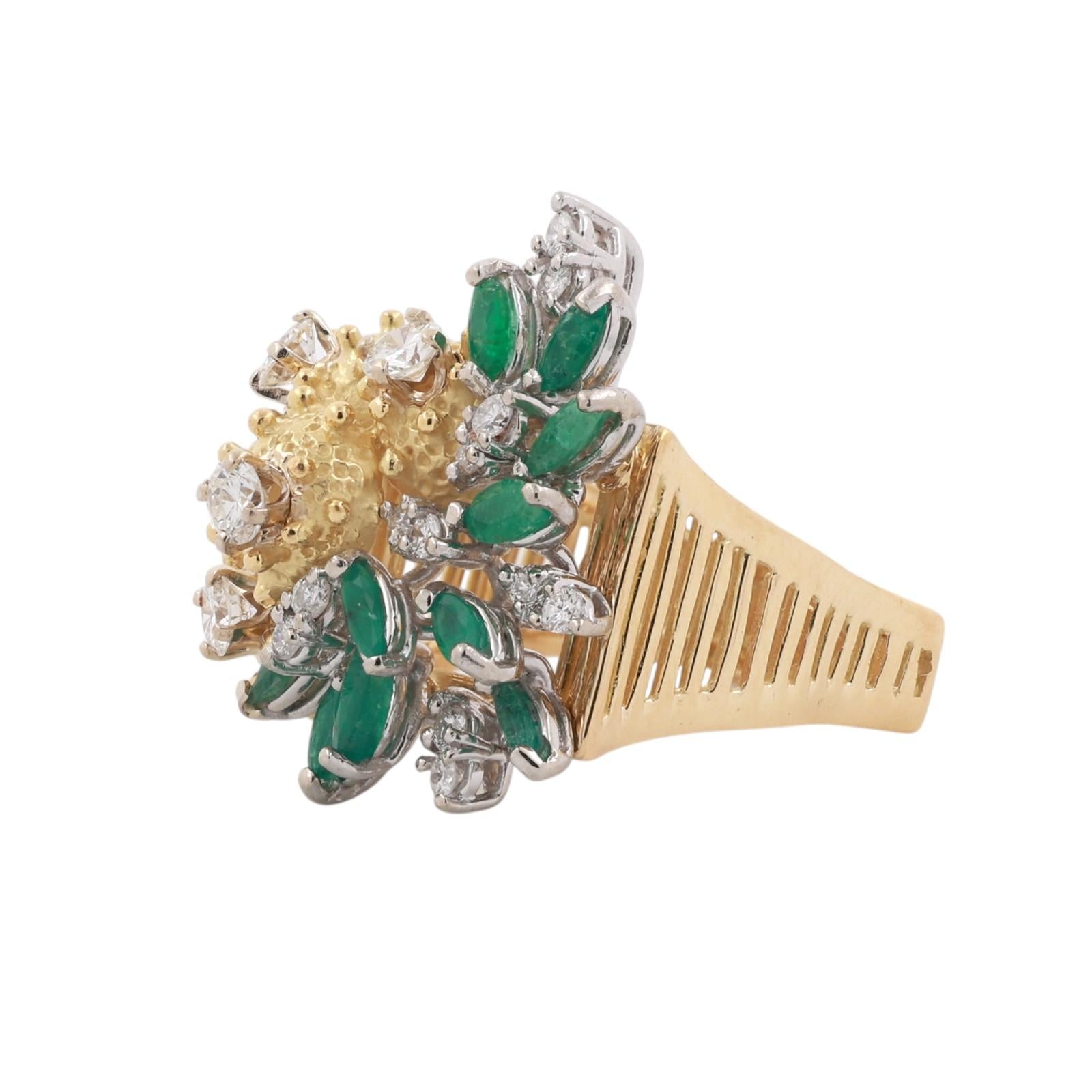 Vintage Two-Tone Gold Natural Emerald Diamond Sculptural Floral Ring 2.30CTW