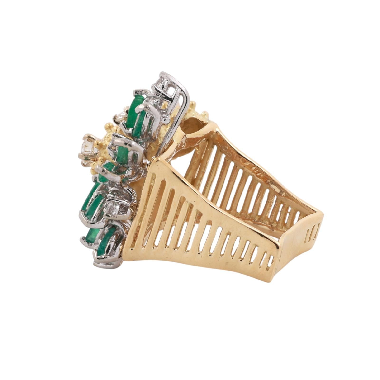 Vintage Two-Tone Gold Natural Emerald Diamond Sculptural Floral Ring 2.30CTW