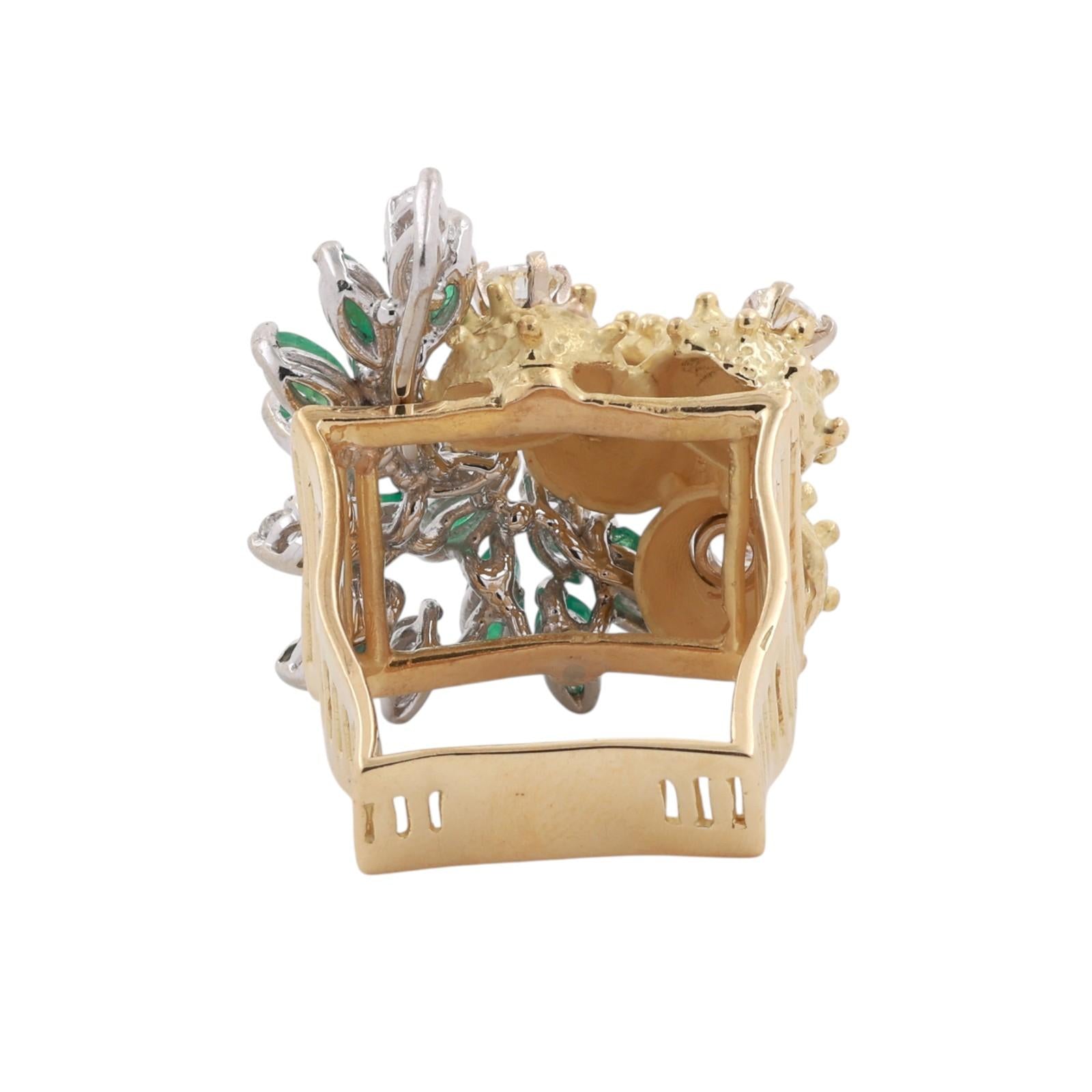 Vintage Two-Tone Gold Natural Emerald Diamond Sculptural Floral Ring 2.30CTW