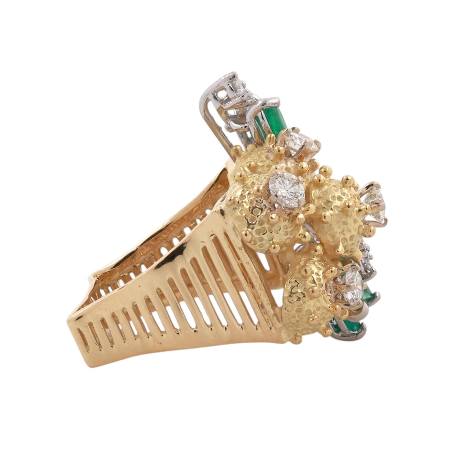Vintage Two-Tone Gold Natural Emerald Diamond Sculptural Floral Ring 2.30CTW