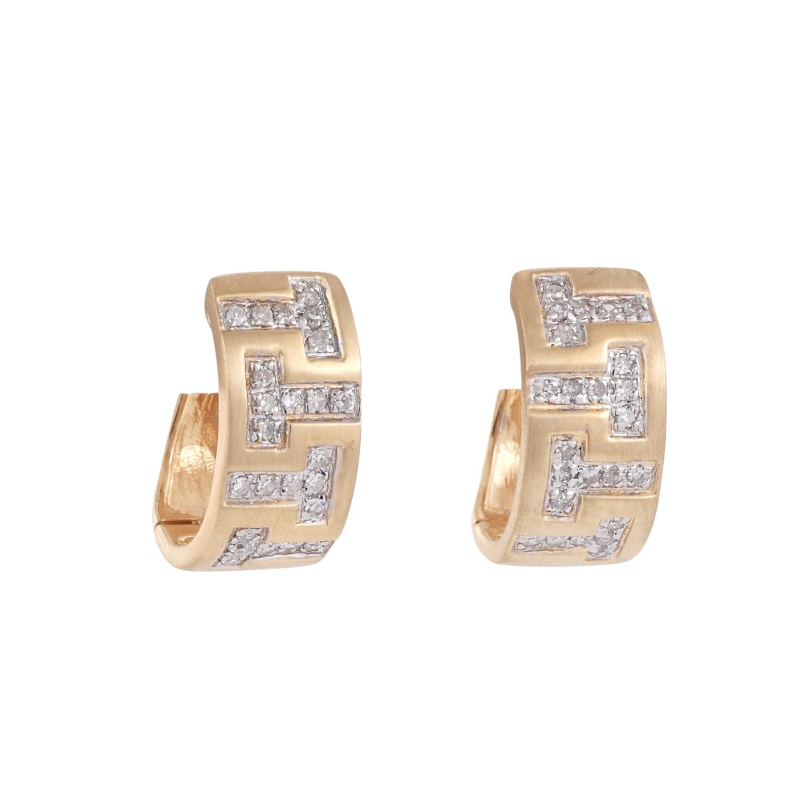 14K Two Tone Gold Diamond Greek Key Hoop Earrings 0.50 CTW Huggie Estate 0.55"