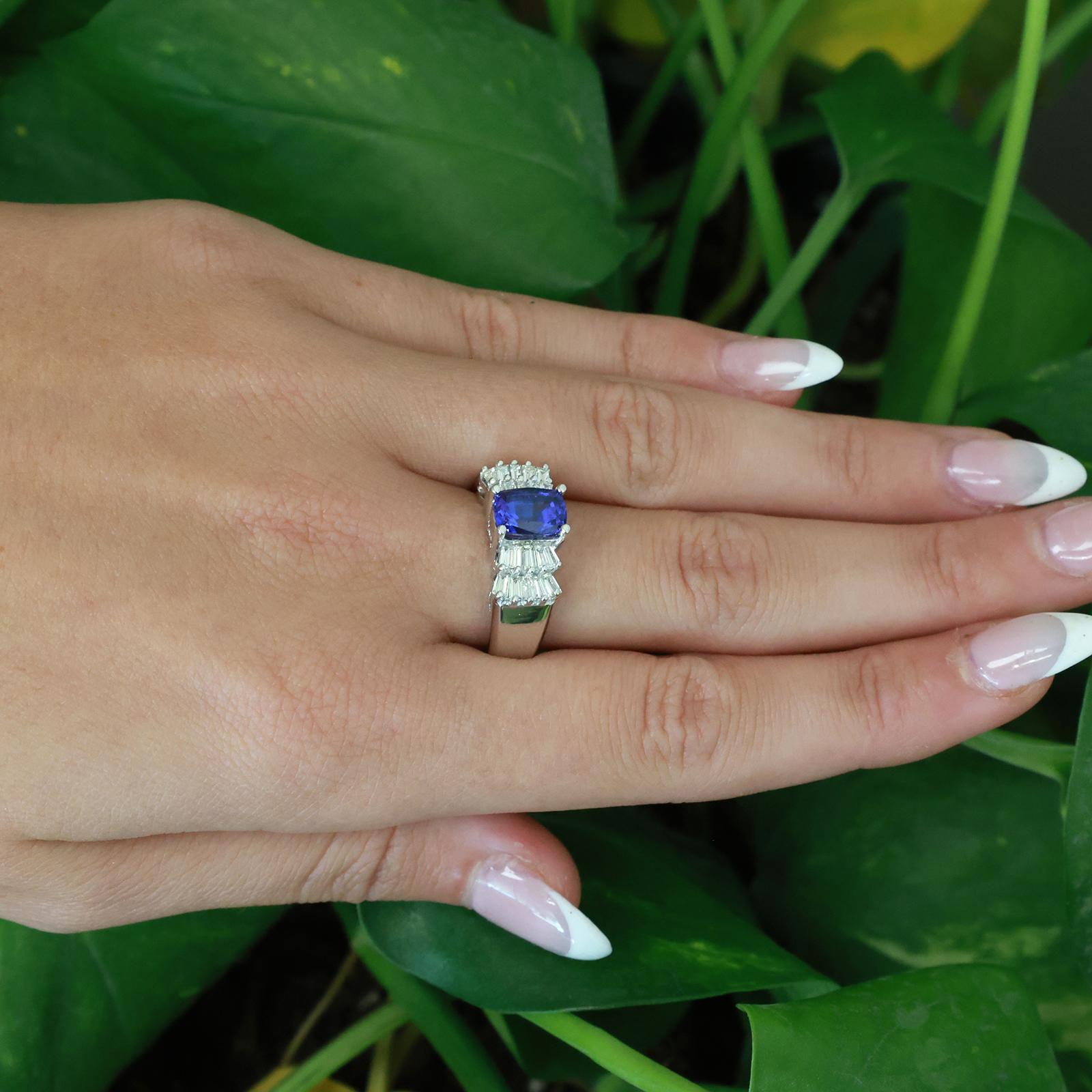 14K White Gold 2.60CTW Tanzanite Baguette Diamond Ring 1.60CT Center Gem Size 7
