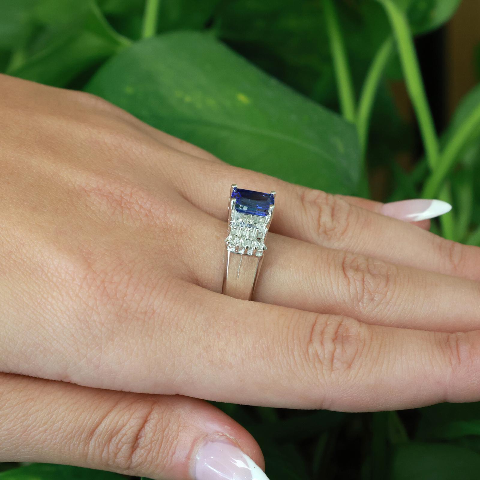 14K White Gold 2.60CTW Tanzanite Baguette Diamond Ring 1.60CT Center Gem Size 7