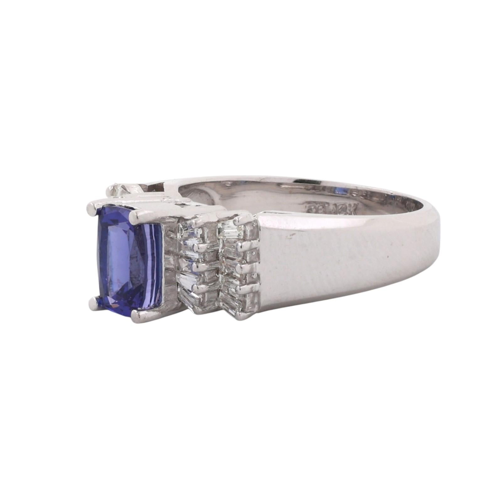14K White Gold 2.60CTW Tanzanite Baguette Diamond Ring 1.60CT Center Gem Size 7