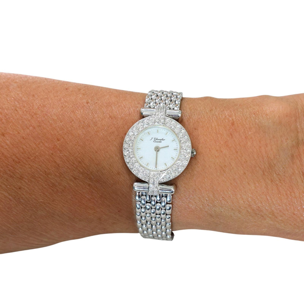 J. Chevalier 18K White Gold Diamond Bezel Ladies Quartz Watch 1.75 CTW 7.25"