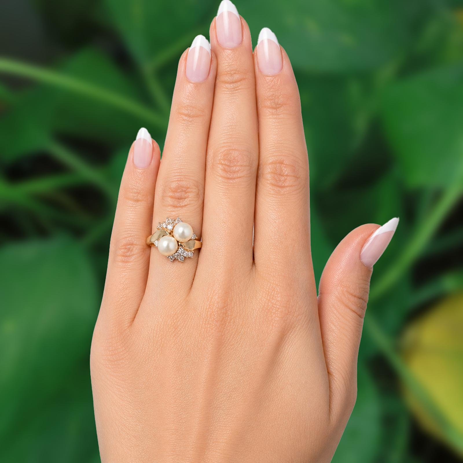 14K Yellow Gold Akoya Pearl Diamond Ring 0.50TW Two Pearl Cluster Size 5.5