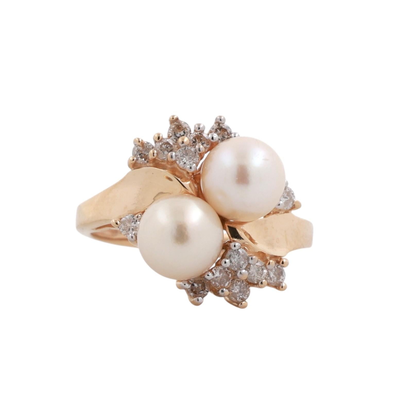 14K Yellow Gold Akoya Pearl Diamond Ring 0.50TW Two Pearl Cluster Size 5.5