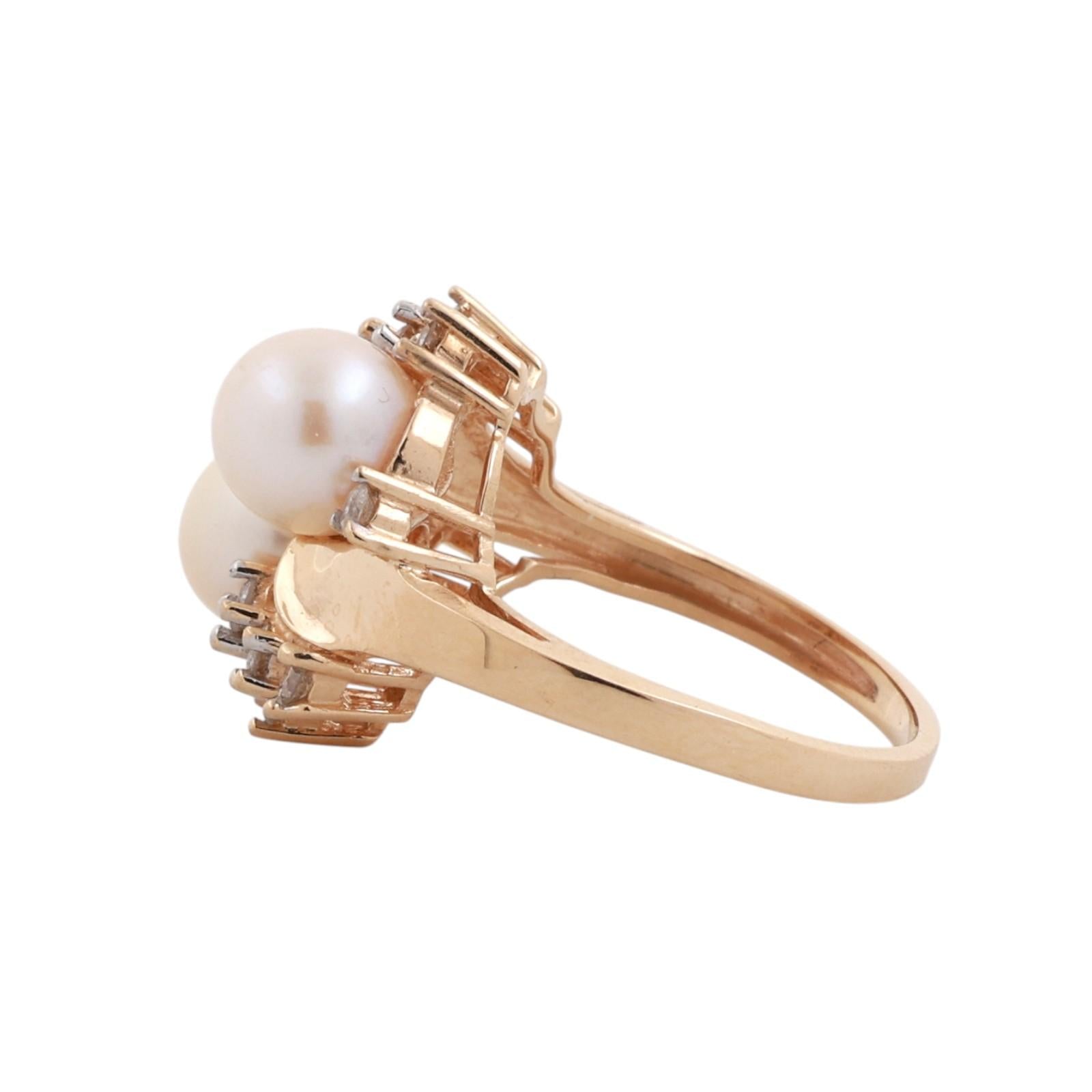 14K Yellow Gold Akoya Pearl Diamond Ring 0.50TW Two Pearl Cluster Size 5.5