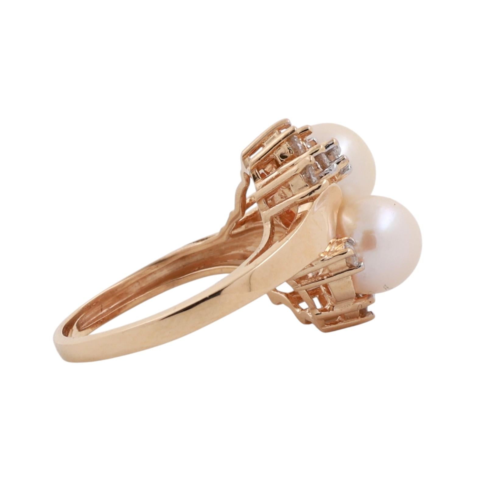 14K Yellow Gold Akoya Pearl Diamond Ring 0.50TW Two Pearl Cluster Size 5.5