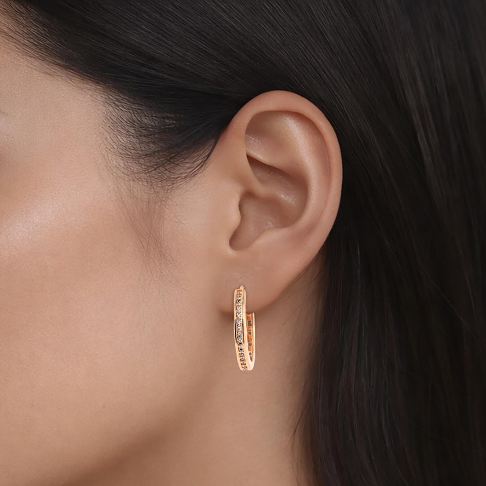 18K Yellow Gold CZ Hoop Earrings 0.65" Estate Classic