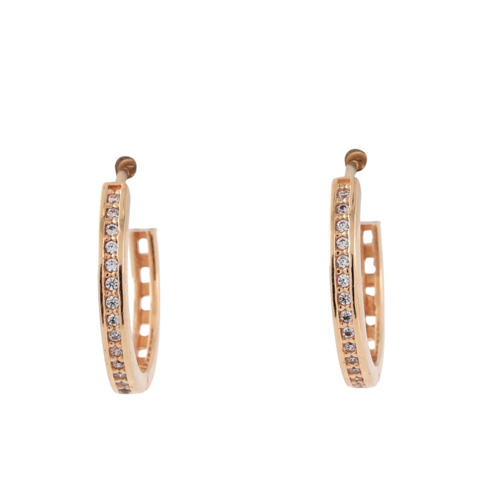 18K Yellow Gold CZ Hoop Earrings 0.65" Estate Classic