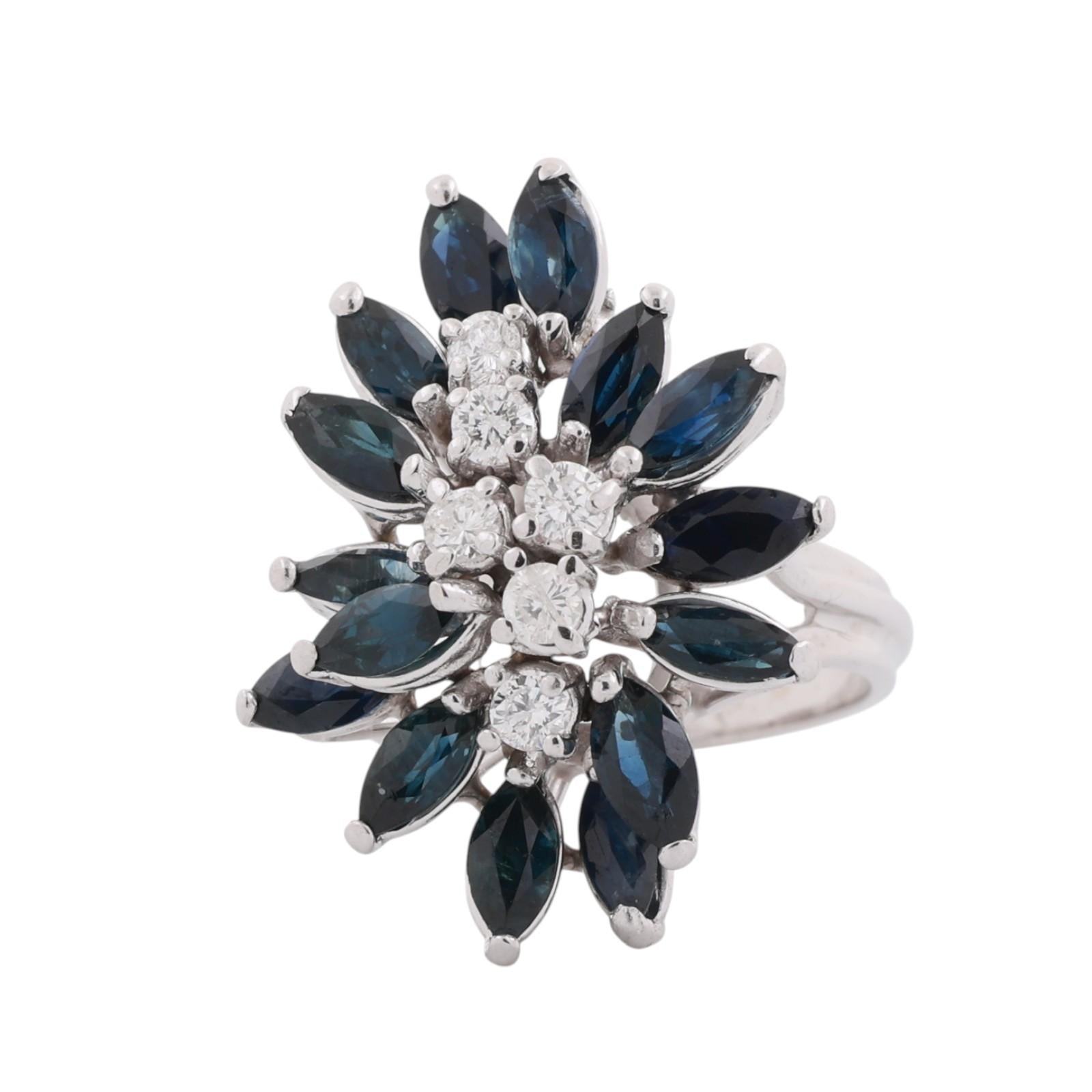 14K White Gold 3.42CTW Blue Sapphire Diamond Marquise Cluster Ring Size 4.75