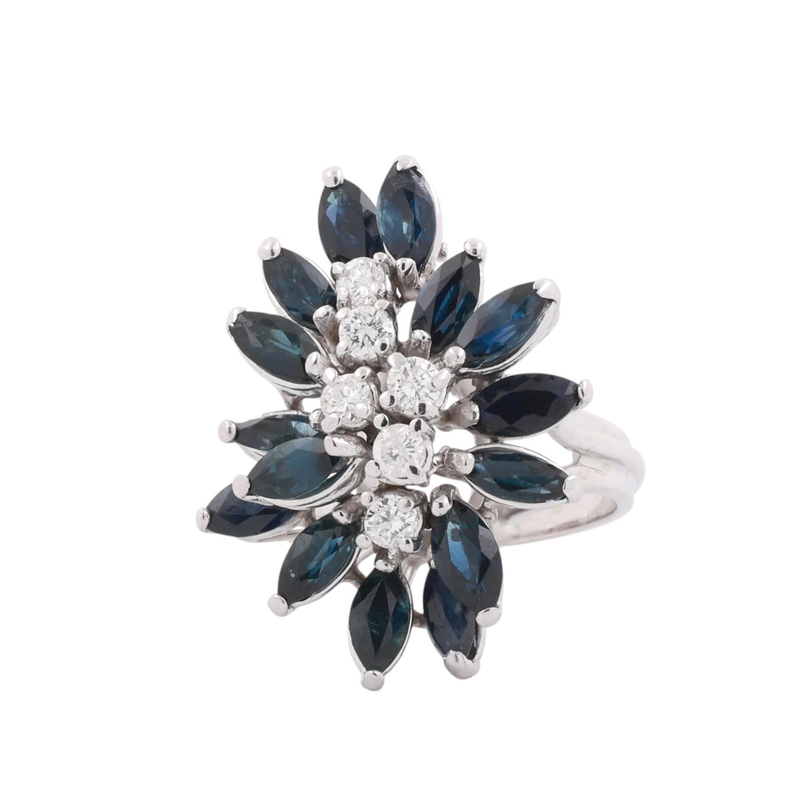 14K White Gold 3.42CTW Blue Sapphire Diamond Marquise Cluster Ring Size 4.75