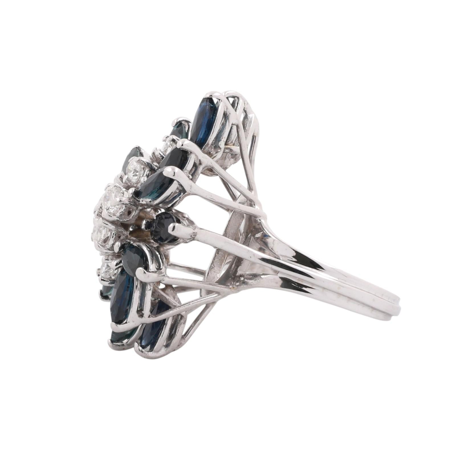 14K White Gold 3.42CTW Blue Sapphire Diamond Marquise Cluster Ring Size 4.75