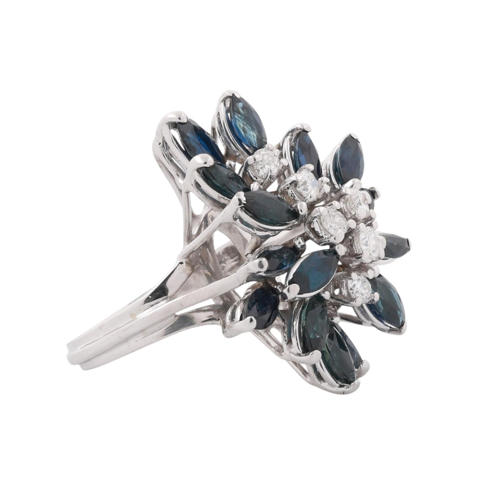 14K White Gold 3.42CTW Blue Sapphire Diamond Marquise Cluster Ring Size 4.75