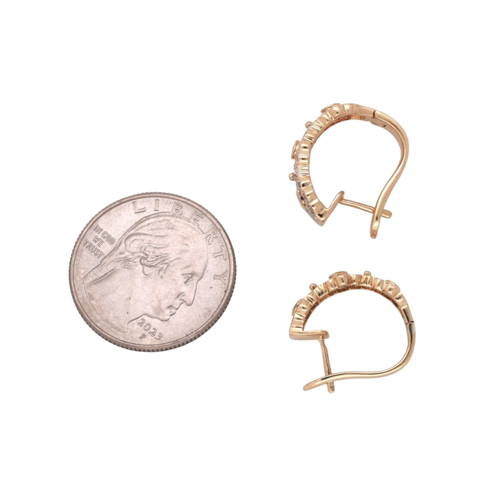 0.65CTW Diamond J Hoop Earrings 14K Two Tone Gold Floral Latch Back Estate