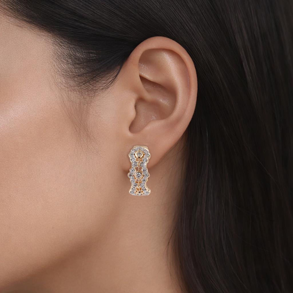 0.65CTW Diamond J Hoop Earrings 14K Two Tone Gold Floral Latch Back Estate