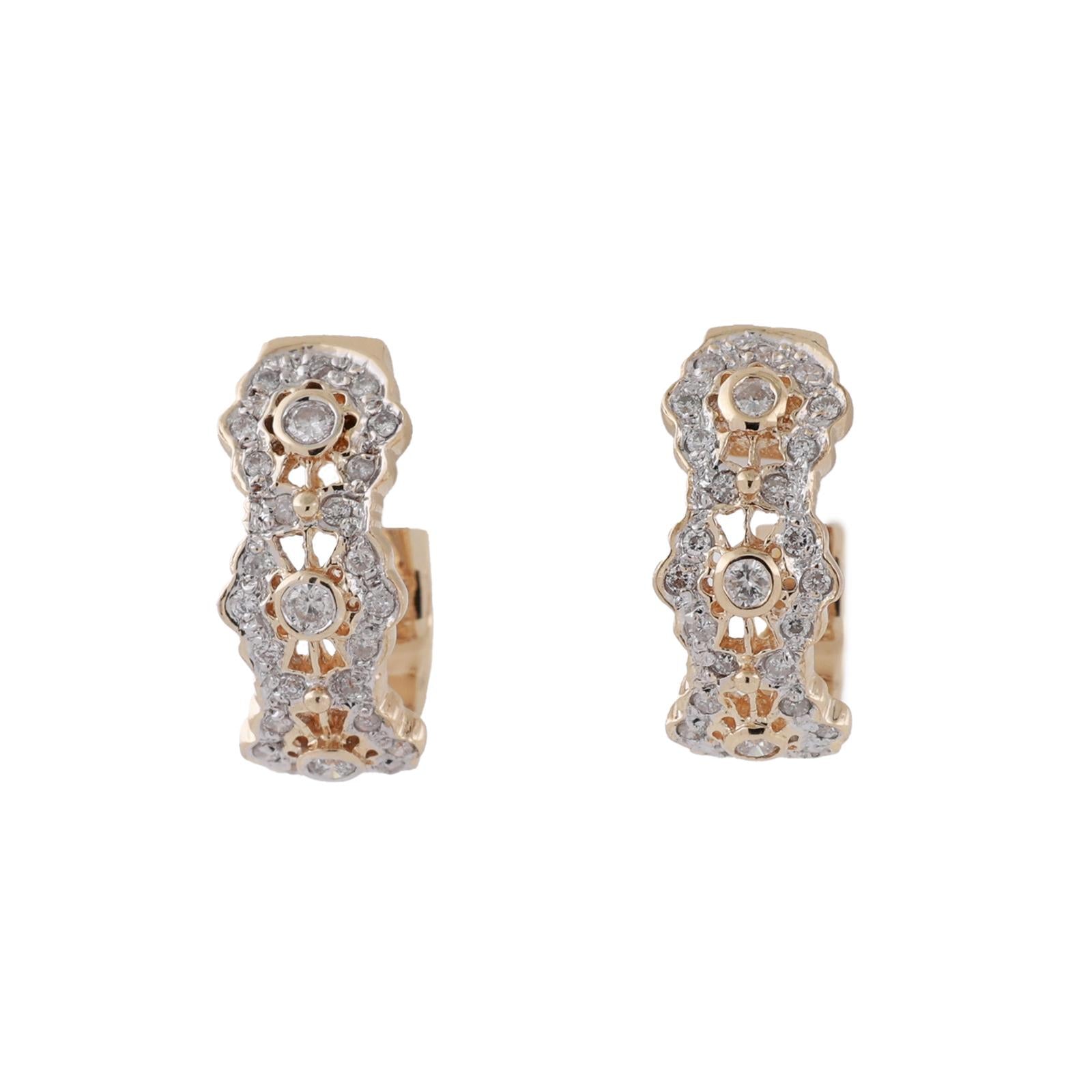 0.65CTW Diamond J Hoop Earrings 14K Two Tone Gold Floral Latch Back Estate