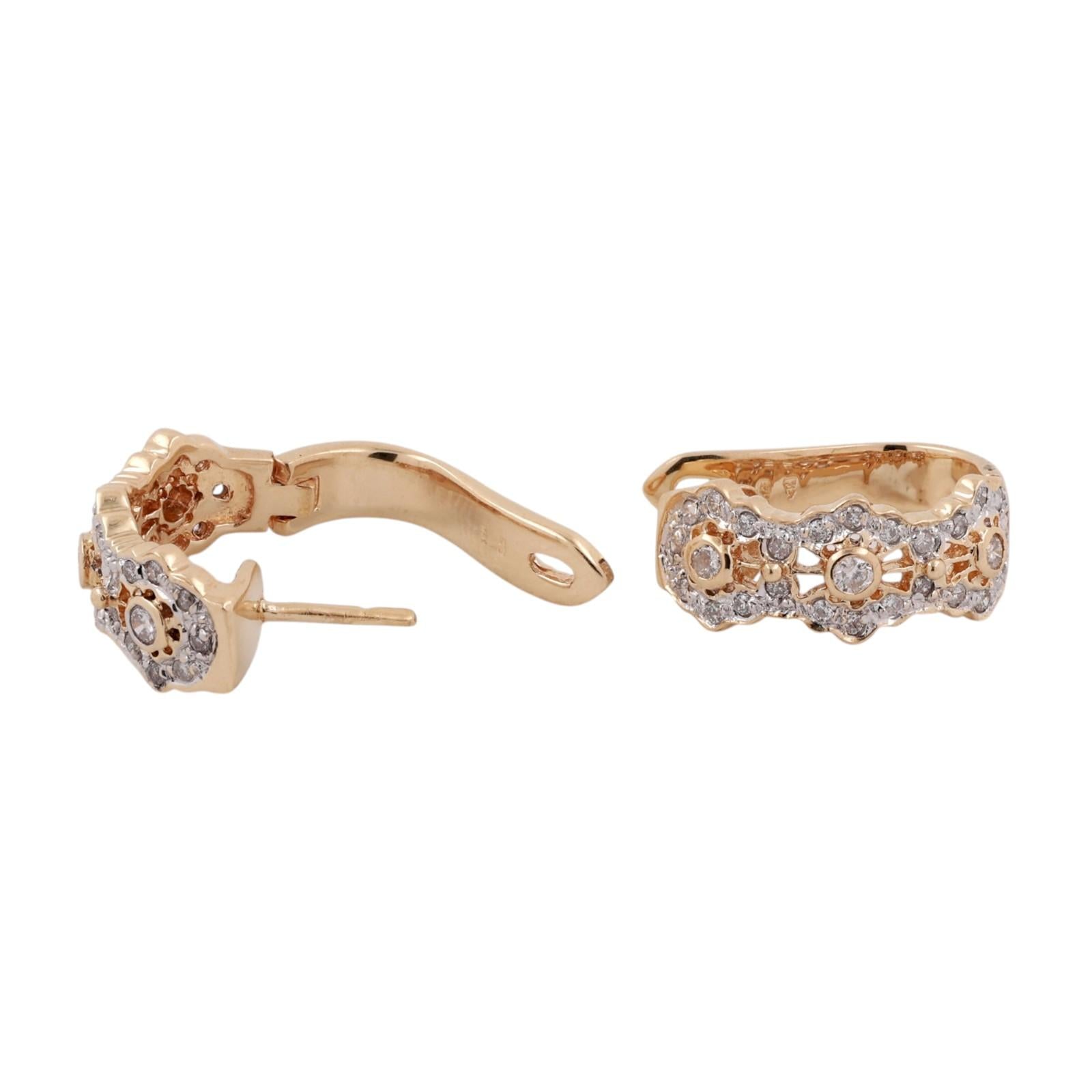 0.65CTW Diamond J Hoop Earrings 14K Two Tone Gold Floral Latch Back Estate
