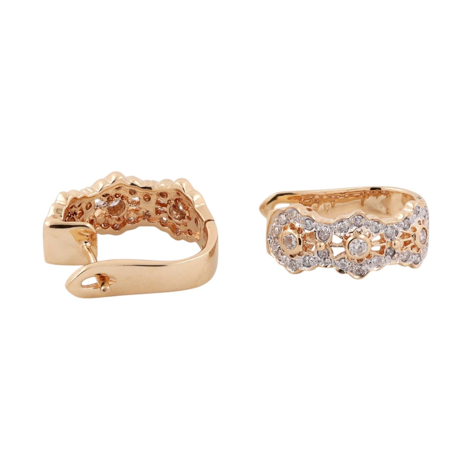 0.65CTW Diamond J Hoop Earrings 14K Two Tone Gold Floral Latch Back Estate
