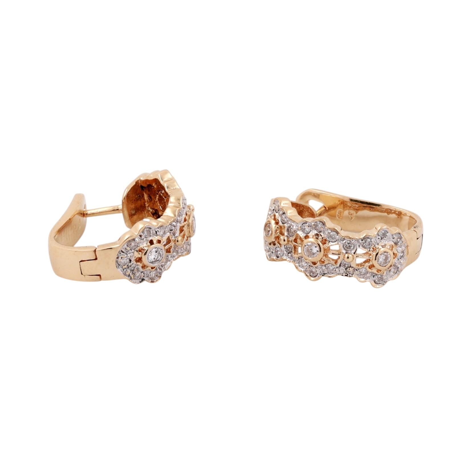 0.65CTW Diamond J Hoop Earrings 14K Two Tone Gold Floral Latch Back Estate