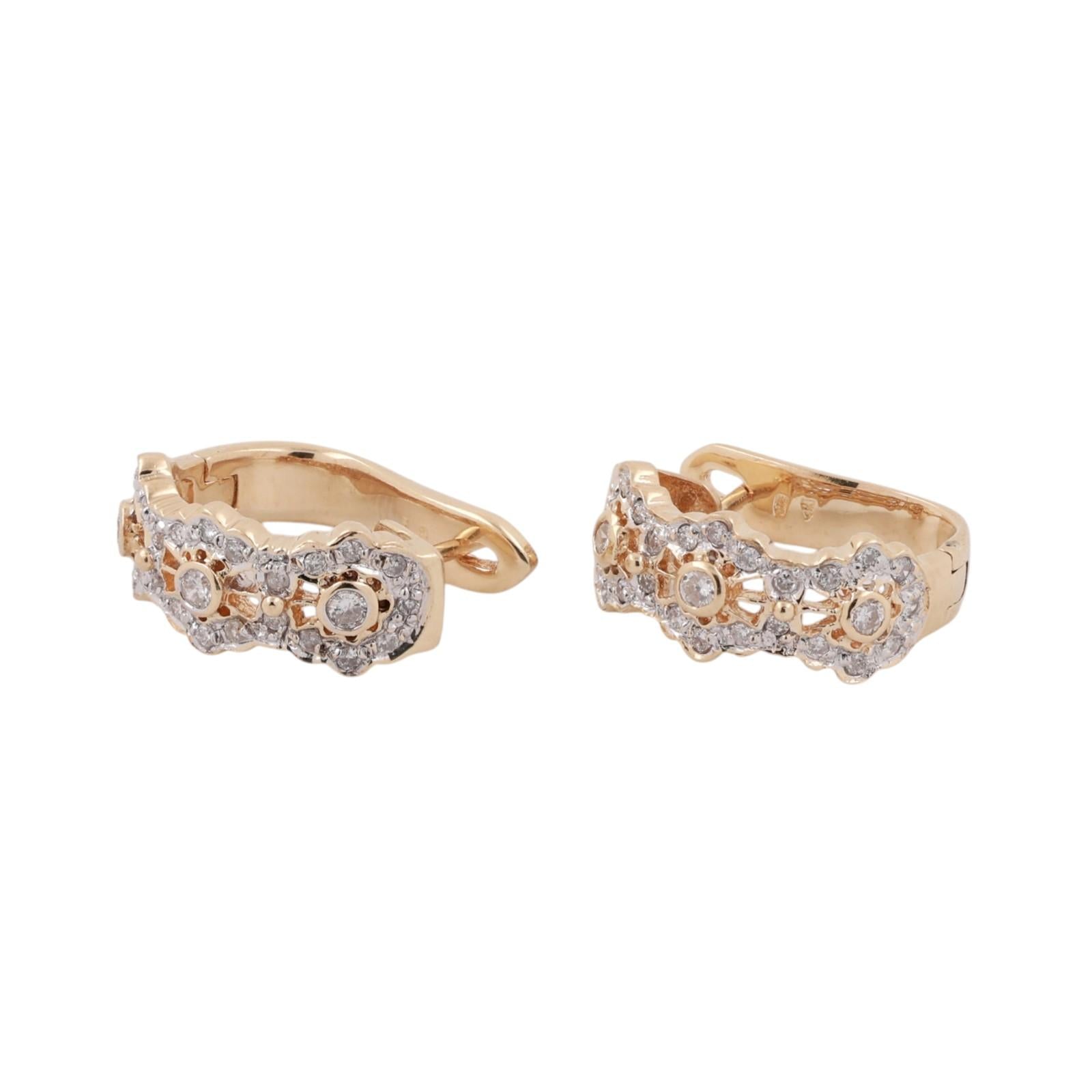 0.65CTW Diamond J Hoop Earrings 14K Two Tone Gold Floral Latch Back Estate